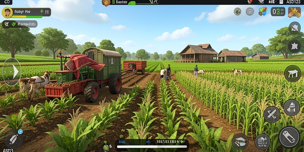 Screenshot gameplay ASD123 menampilkan petani yang sedang merawat tanamannya.
