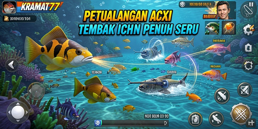 Tampilan gameplay KRAMAT77 dengan aksi tembak ikan yang seru.