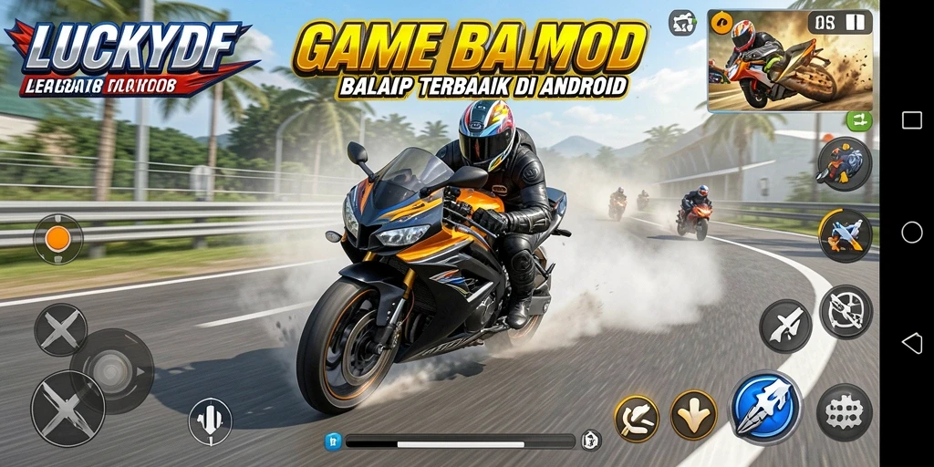 Screenshot gameplay LUCKYDF menampilkan balapan motor yang intens.