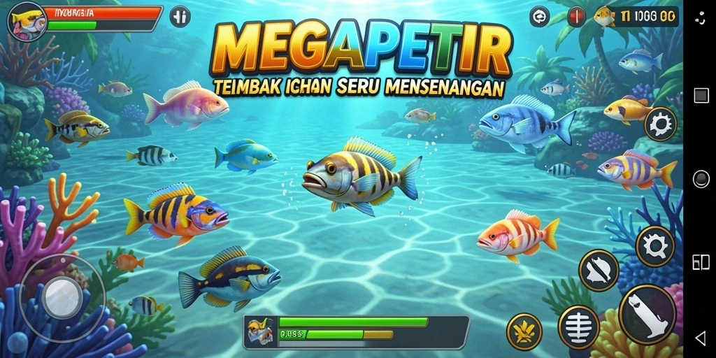 Gameplay seru MEGAPETIR dengan aksi menembak ikan.