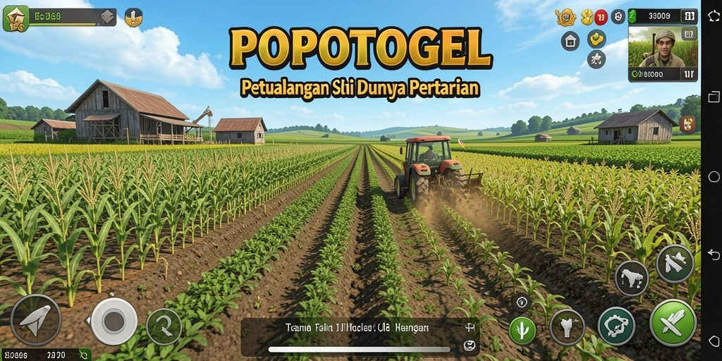 Screenshot gameplay POPOTOGEL yang menunjukkan ladang hijau yang subur.