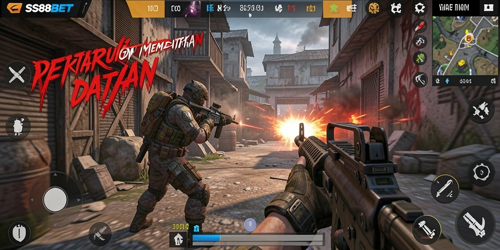 Screenshot gameplay SS88BET yang menampilkan aksi menembak yang mendebarkan.